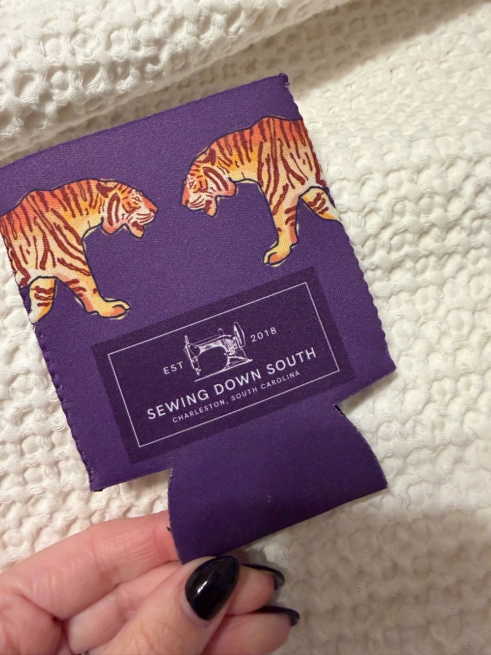 Sewing Down South Purple Tiger Print Can Cooler